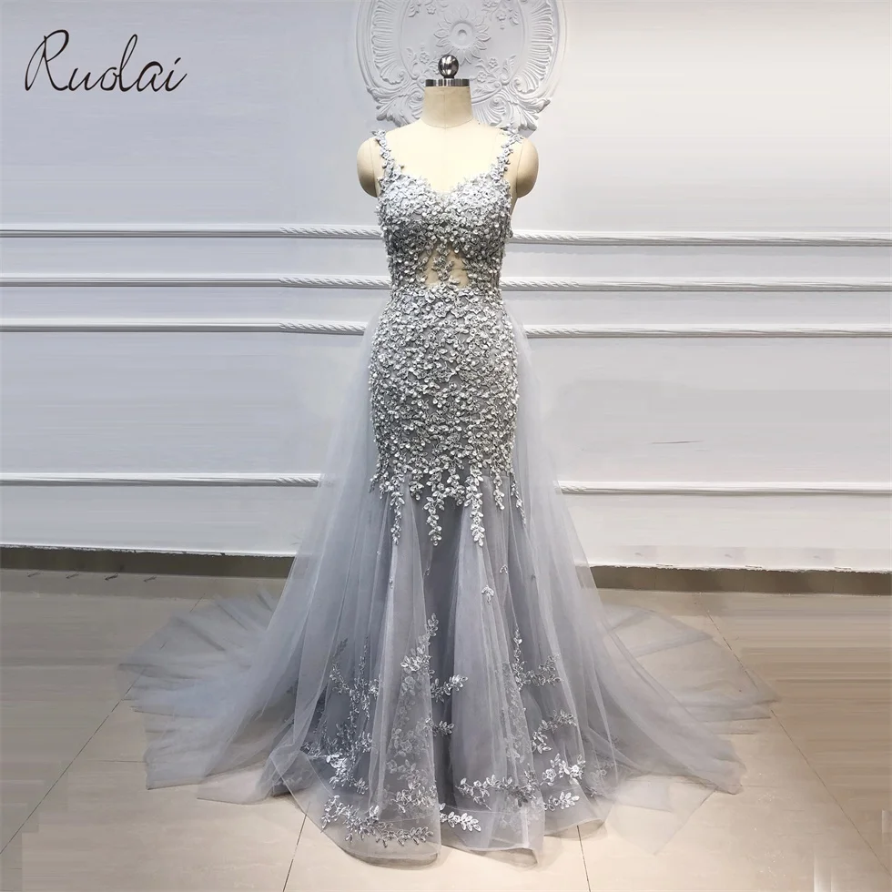 Ruolai LWC6658 Tulle Detachable Train Mermaid 3D Flowers Backless Beaded Mermaid Lace Evening Dresses