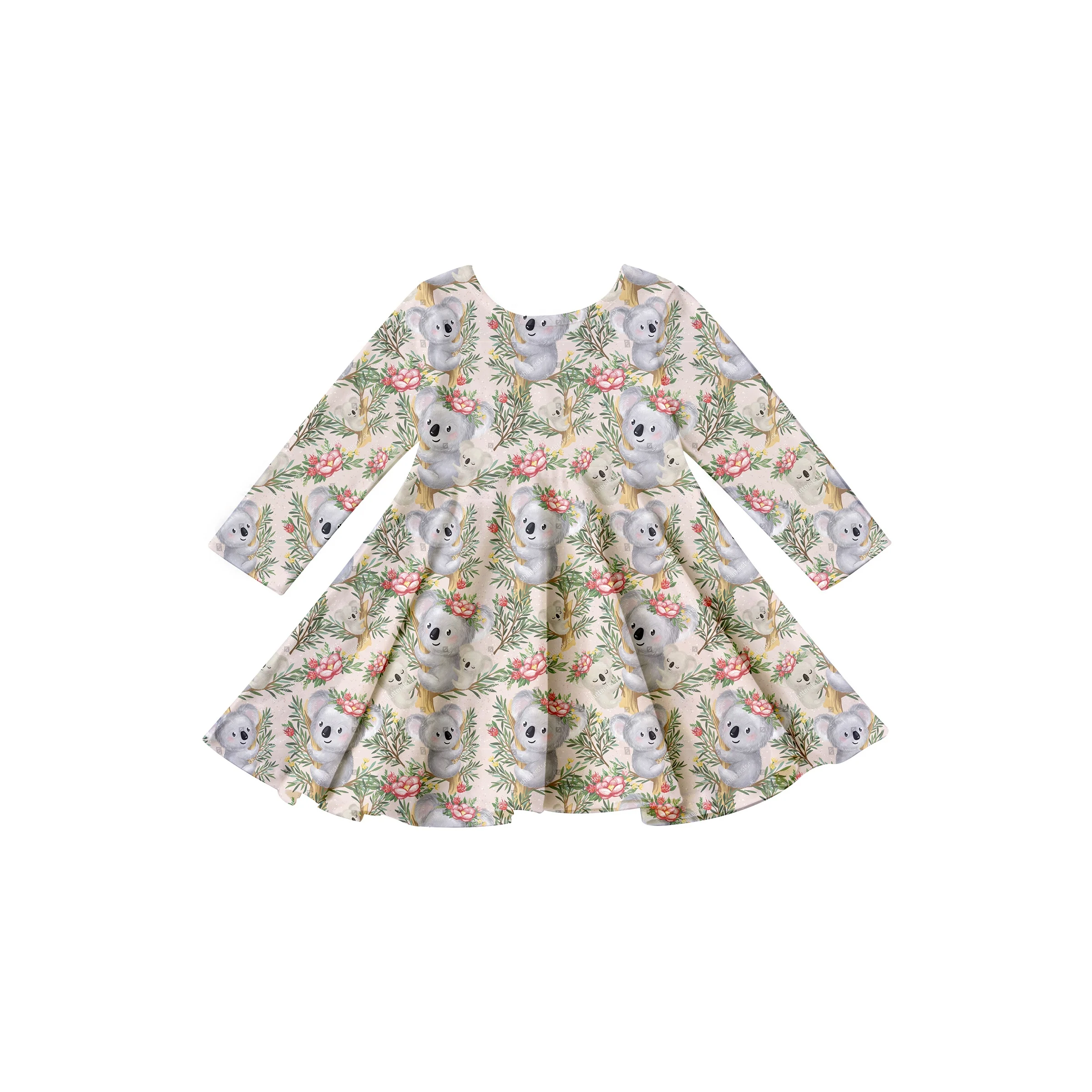 Girlymax 2022 koala bear lovely  pattern long sleeve knee length twirl baby girls Dresses