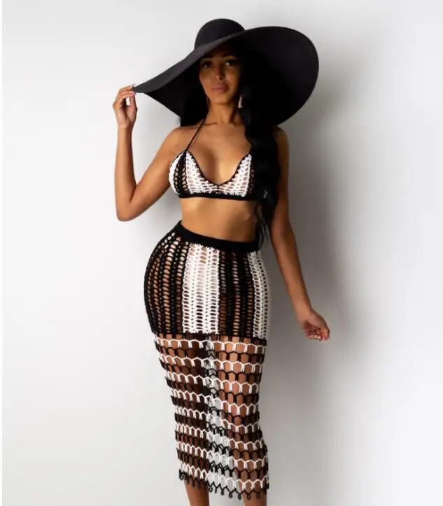 O4072-sexy пляжная одежда для женщин, комплект из 2 предметов, комплект с юбкой, вязаные купальники