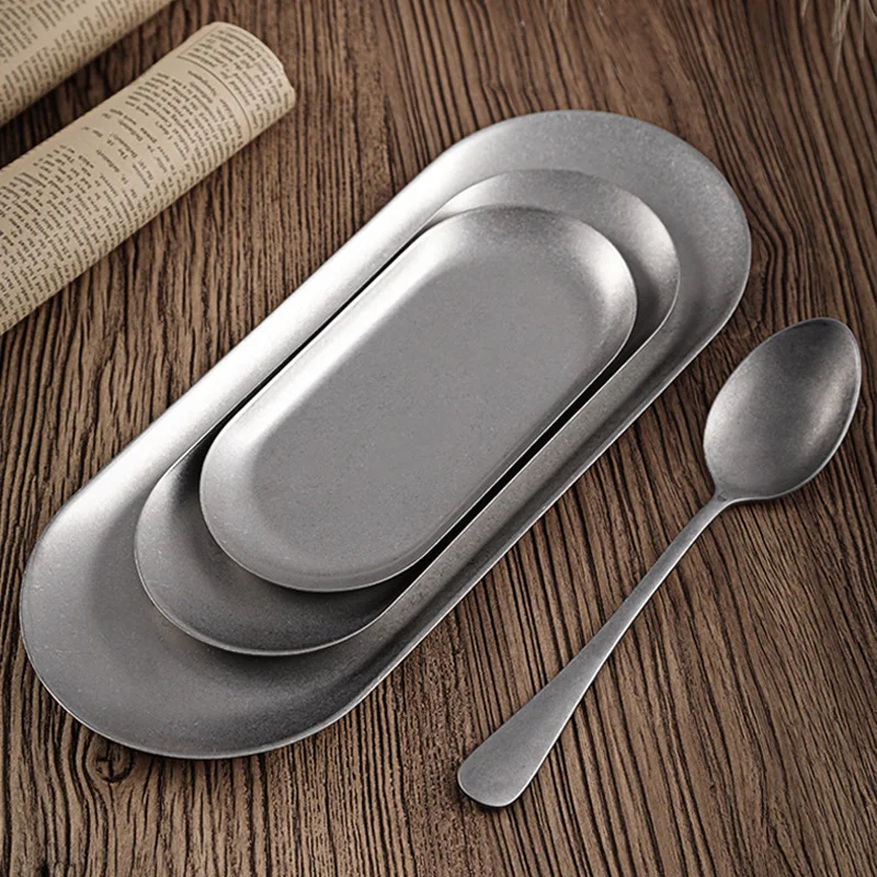 Korean Style Stainless Steel Snowflake Grey Oval Plate Dessert Restaurant Tray Towel Plate Jewelry Storage Tray