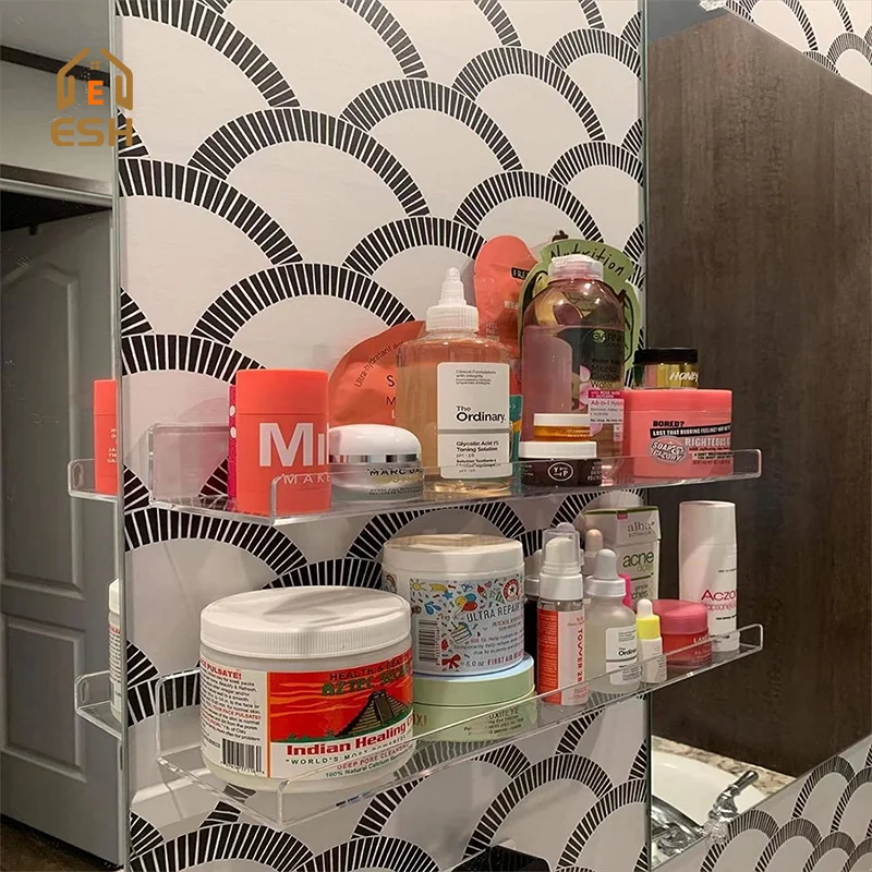 Custom L Shaped Clear acrylic Plastic Floating Bath Storage Display Wall Shelf