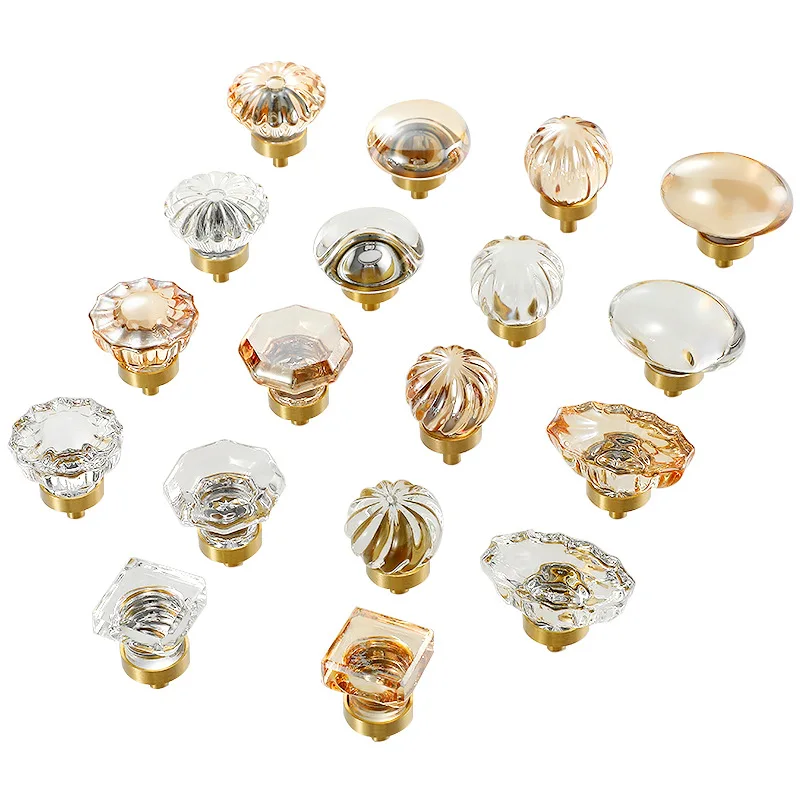 Light Luxury Transparent Crystal Brass Single Hole Cabinet Door Pull Handles and Knobs
