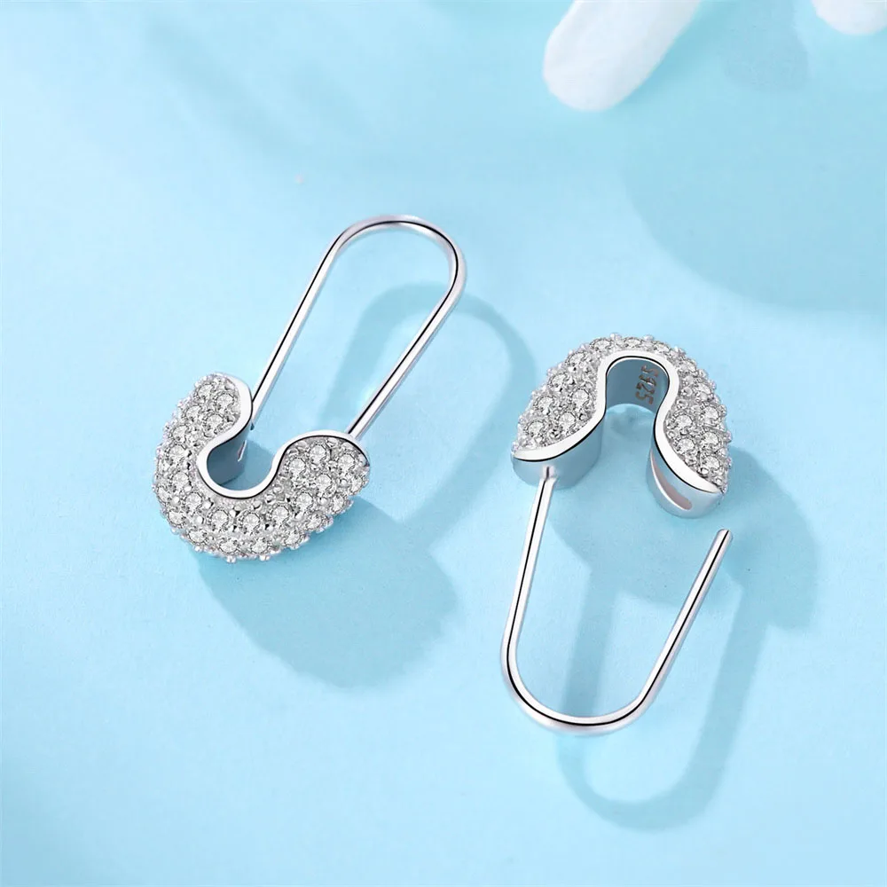 Unique Creative Jewelry Paper Clip Hoop Earrings 925 Sterling Silver Cubic Zirconia CZ Safety Pin Earrings for Women Ladies