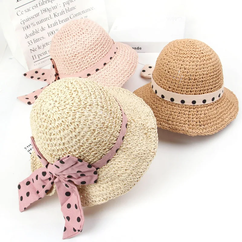 Шляпа детская соломенная с бантом, кружевная пляжная панама от солнца, с широкими полями, для маленьких девочек, летняя, для путешествий
