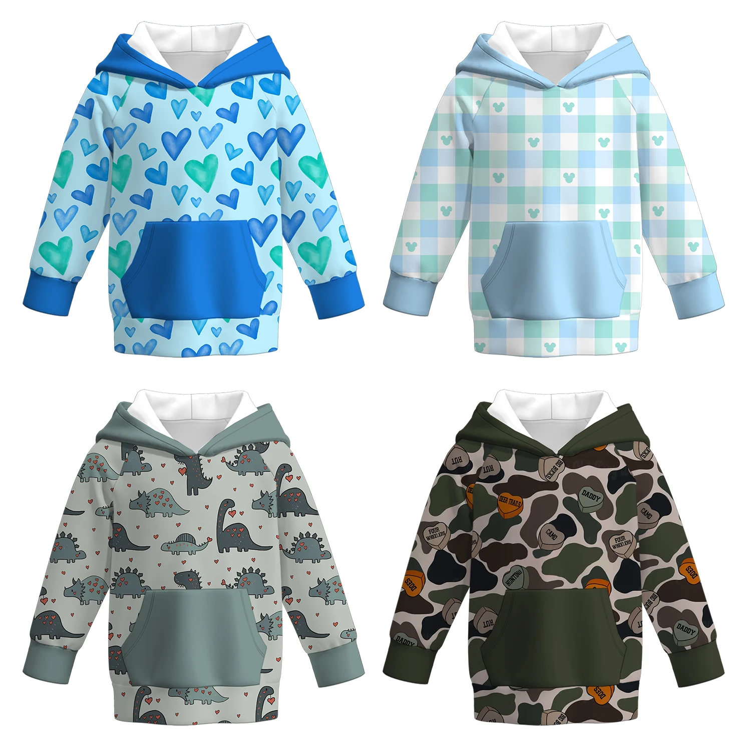 Baby Boys Spring Valentines Day Blue Heart Dinosaur Print Boxy Hoodie with Pocket Kids Customized Top