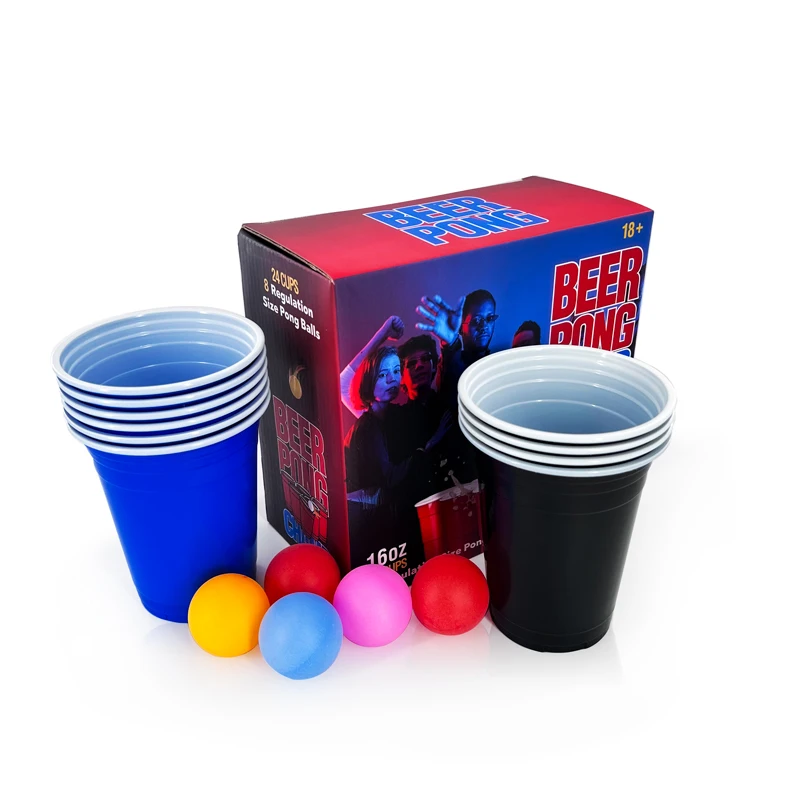Beer Pong Game Set 24-Piece Set 16oz Blue and Red Plastic Cups Pong