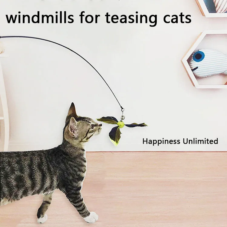 Factory wholesale new windmill long pole hunting wire natural feather rotating windmill teaser cat wand self hi with bells