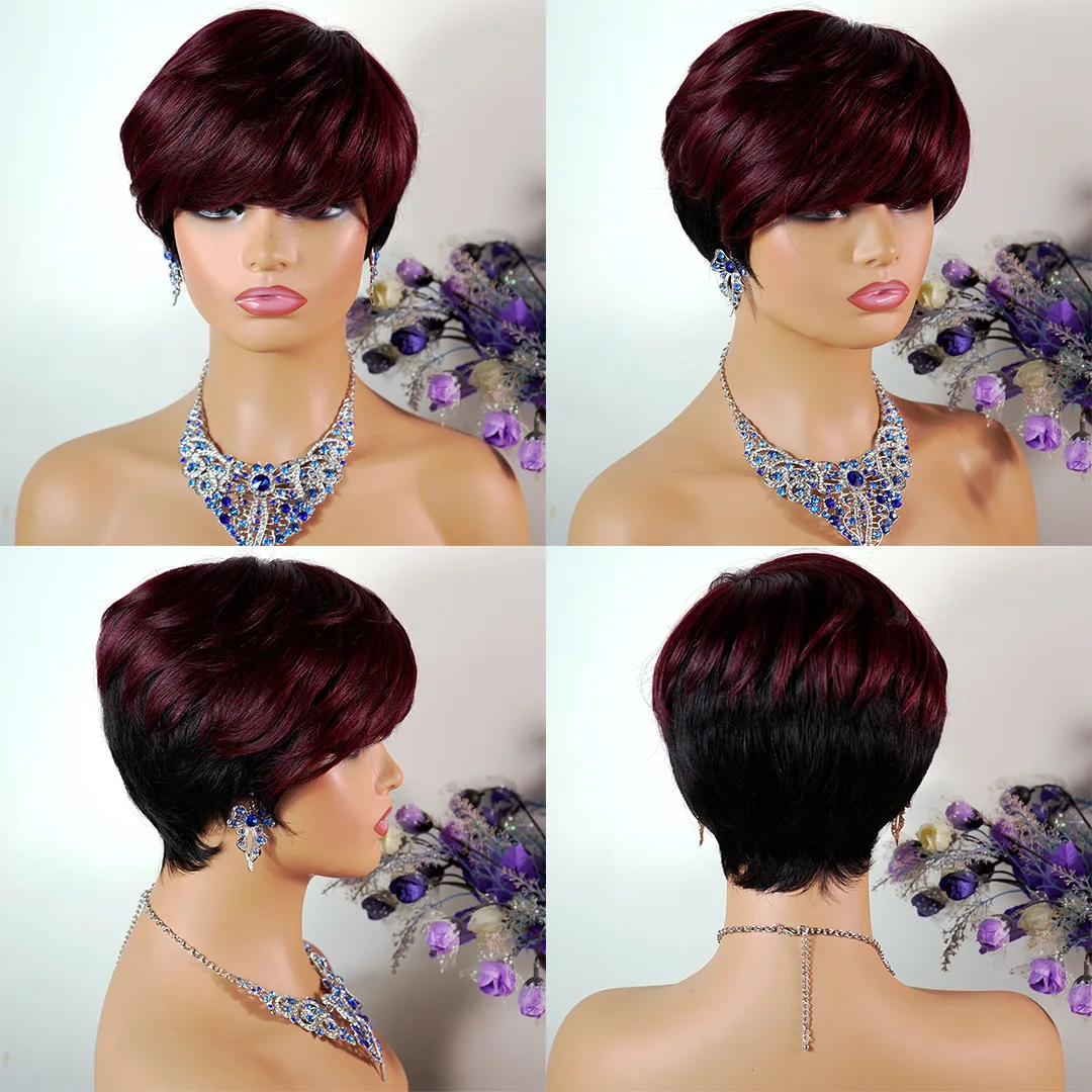 100% Brazilian Hair Short Machine Made Wig  Straight Short Pixie Cut Human Hair Wigs Vfor Black Women