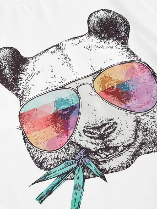 MGOO OEM 95% Polyester White Panda Print Long Sleeve Casual Men T Shirt