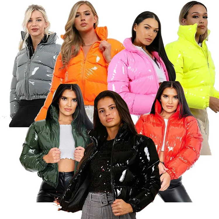 Fashion Cute Women Bright PU Pink Puff Jacket Winter Warm Bubble Coats Shiny Leather Parkas Down Zipper Cropped Jackets Parkas