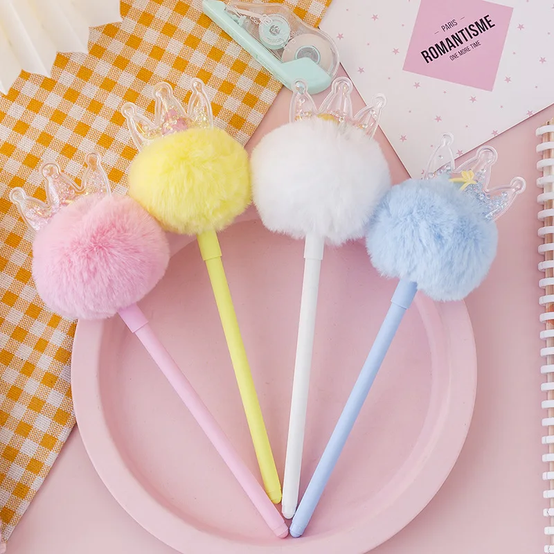 Plastic Colorful Fuzzy Ball Pen Cute Hair Ball Ballpoint Pen Creative School Crown Pom Pom Pen