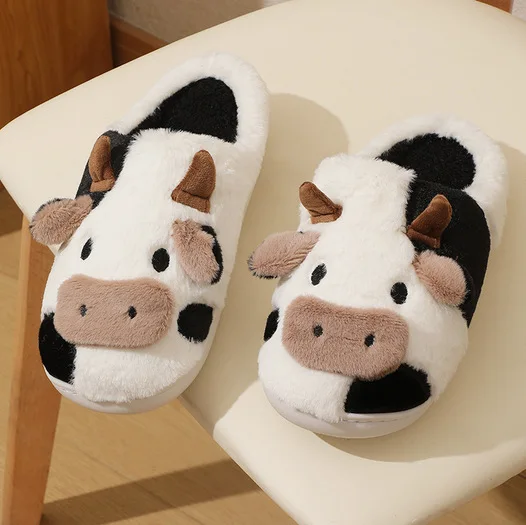 New Cute Cow Warm Home Indoor Winter PVC Cotton Fabric Winter Shoes fuzzy animal Plush Slippers  Winter slippers for Women
