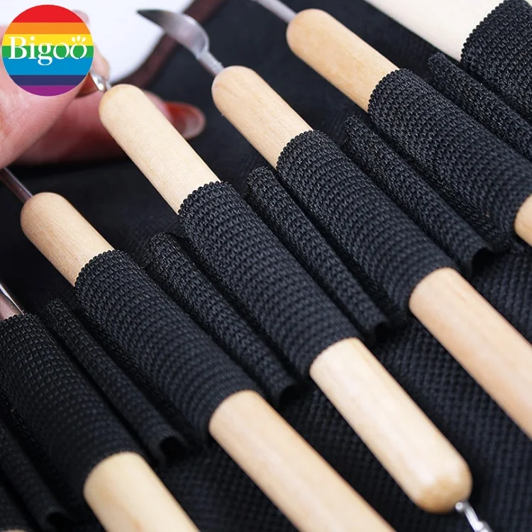 Hot Sale Set of 30pcs Wooden Handle Clay Sculpting Tools Pottery Carving DIY Modeling Tool Set in Fabric Storage Bag
