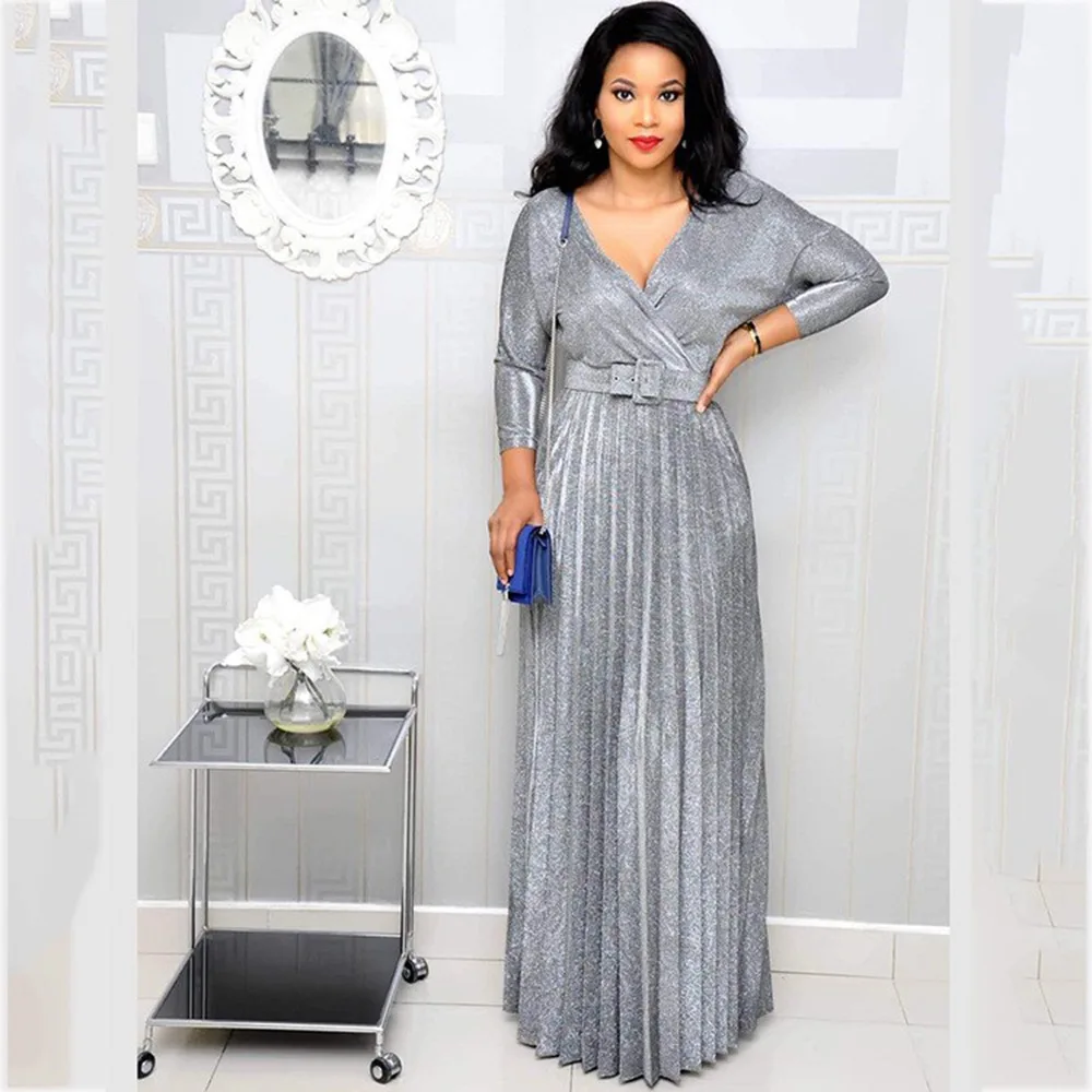 Design African Turkey Fashion Long Sleeve Pleated Shiny Dresses Modest Evening Dresses Formal Evening Gown
