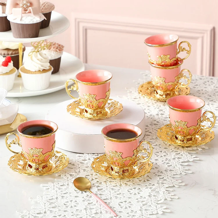 Hot Selling Luxury Porcelain Turkish Cup Set Gold Ceramic Gift Coffee Tea Cup and Saucer Set of 6