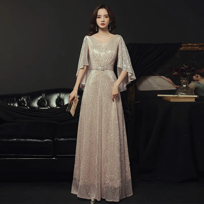 Women dresses new temperament gold ladies long style host annual dinner modest evening dress