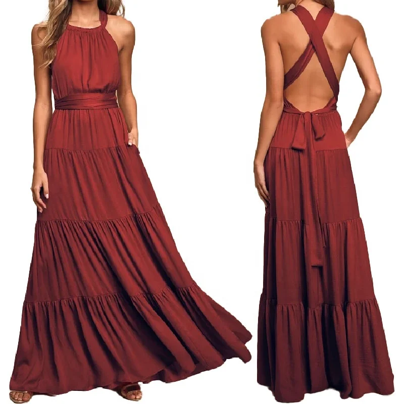 Elegant flirty burgundy casual halter convertible long summer beach cotton maxi bridesmaid dresses for beach wedding party