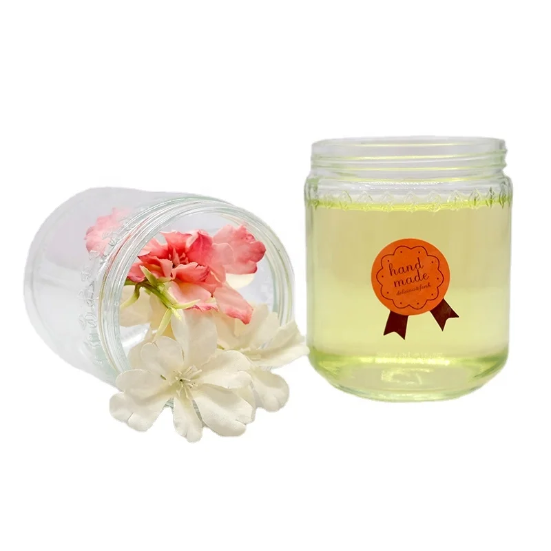 Customized new design Mason glass jar with leaf-shaped embossed wide-mouth screw cover for storing jam Chili sauce.