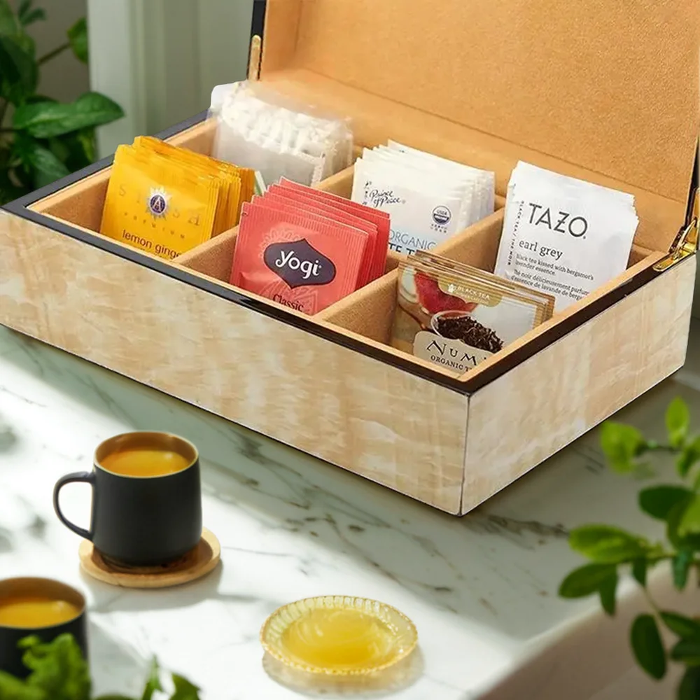 High quality luxury Custom wooden tea bags box 6 Chest Compartments Tea Bag Packing Organizer Storage gift box