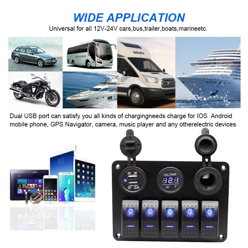 5 Gang Rocker Switch Panel ON Off LED Light Switch with 3.1A USB Digital Voltmeter Cigarette Lighter Socket