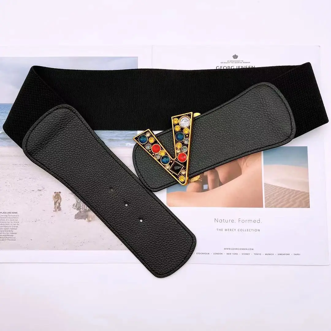 New Designs Luxury V Logo Color Gemstones Buckle Pu Leather Elastic Waist Belt Wide 7 cm Colorful Belt