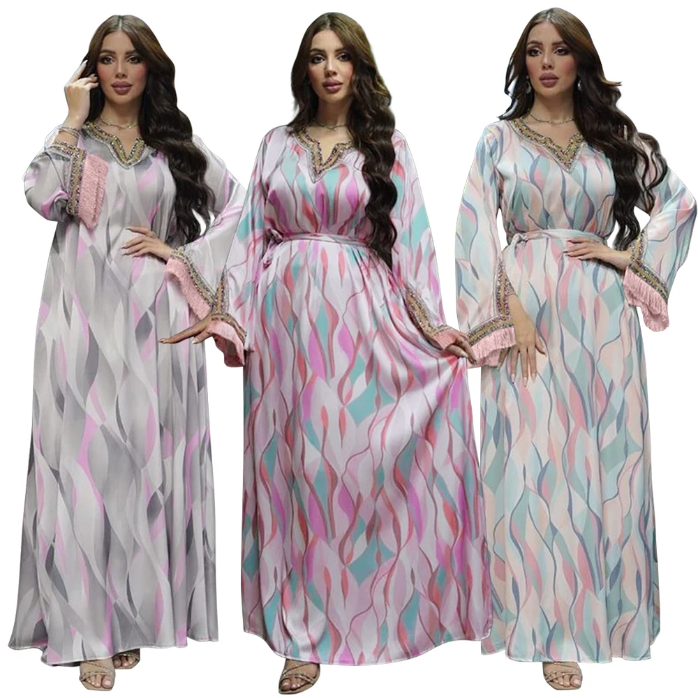 2023 Middle East Dubai New arrival Embroidered Lace Arab Chiffon Flare Sleeve with belt eid muslim turkey abaya wholesale