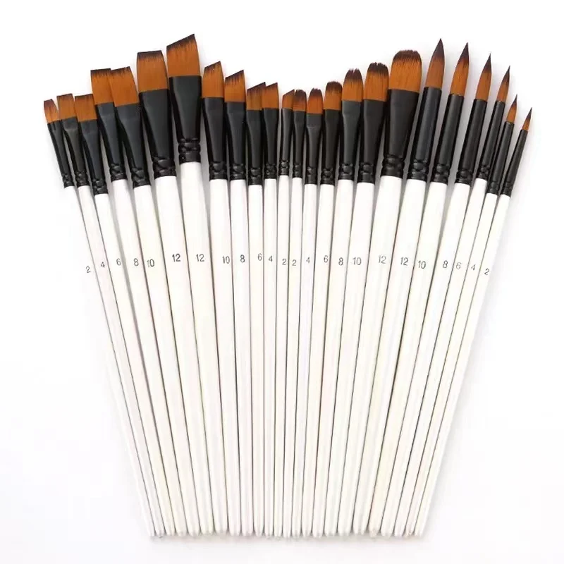 6pcs Pearl White Barrel Nylon Oil Brush Round Flat Hair Shape With Wood Handle Painting Brush Wholesale