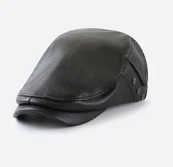 Wholesale Cool Faded Washed Pu Leather Ivy Hat Women Men Autumn Stylish Drive Beret Flat Cap with Metal Rivet