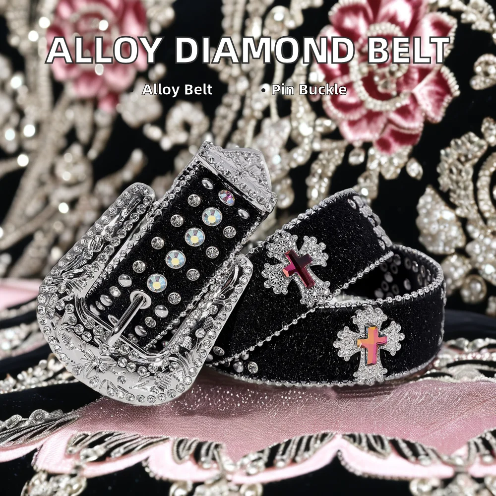 Wholesale Ladies Belt European American Punk Style Alloy Diamond Cross Wind Edge Beads Pin Buckle Leather PU Material Pants