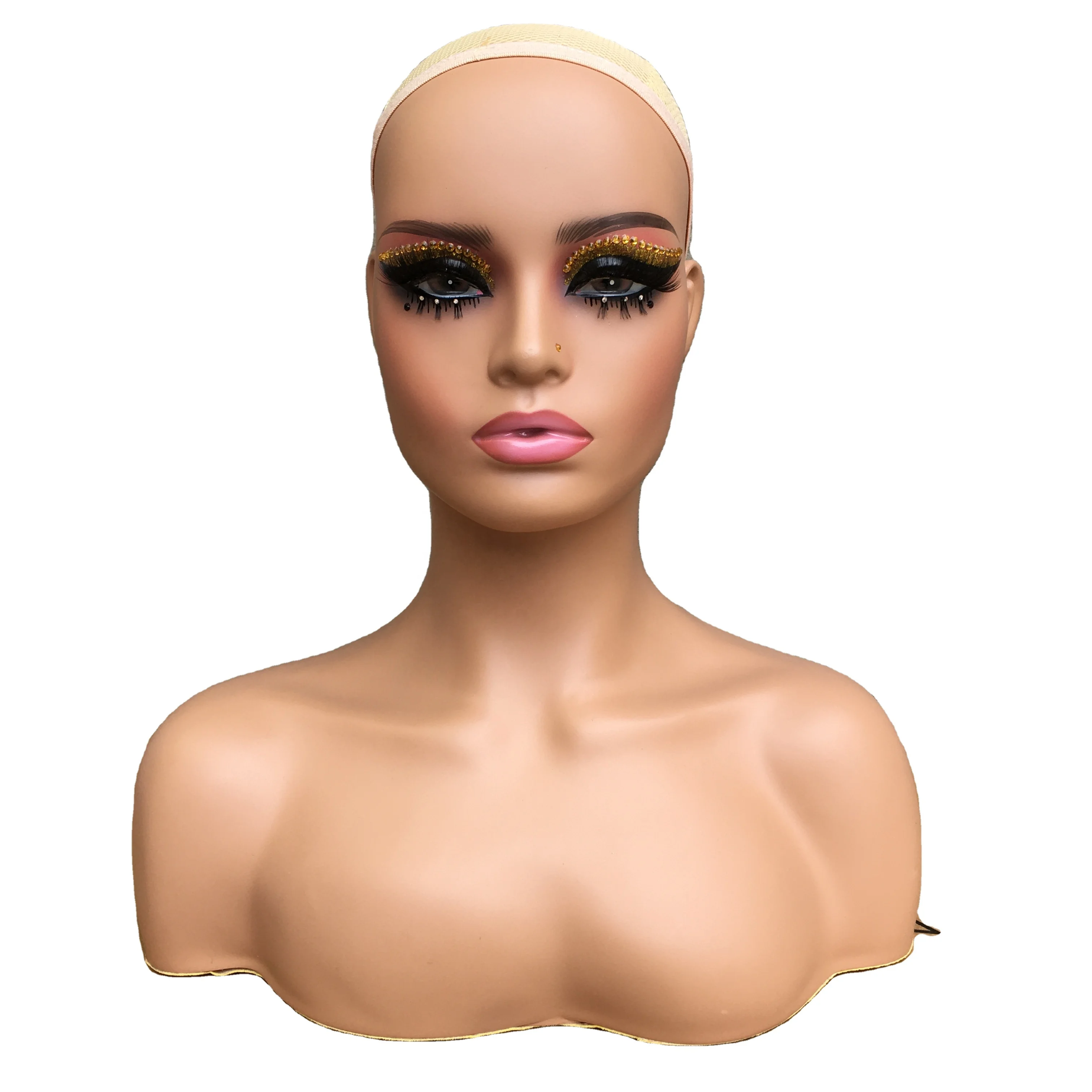 Makeup Face Realistic Female Mannequin Head Bust With Shoulder  PVC Mannequin Head  For Wigs Display