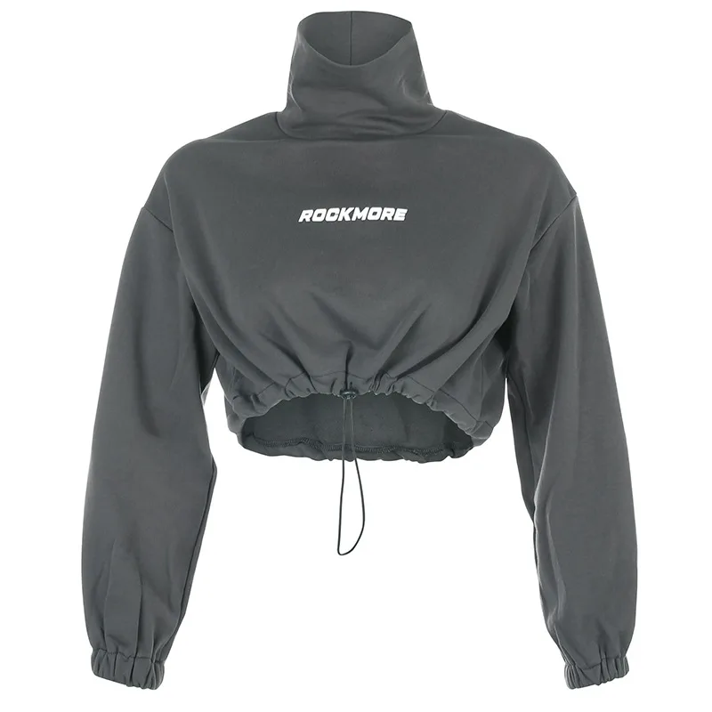 Ladies High Neck Short Hoodies Loose Navel Drawstring Casual Sweater Custom Embroidered Hoodies Women Crop Top Hoodie