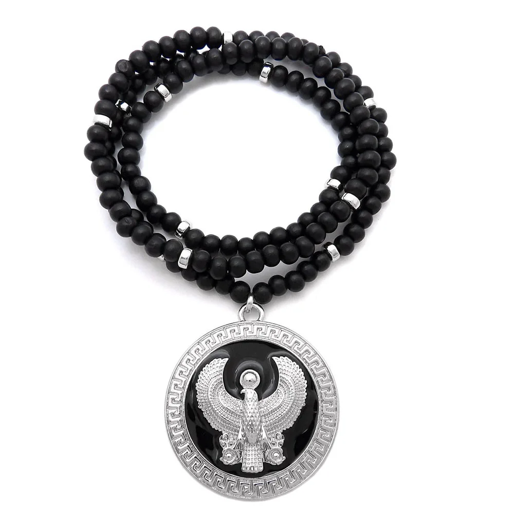 Custom Hip Hop Egyptian Bird God Pendant 8mm 30inch Wooden Beads Funky Chain Necklace