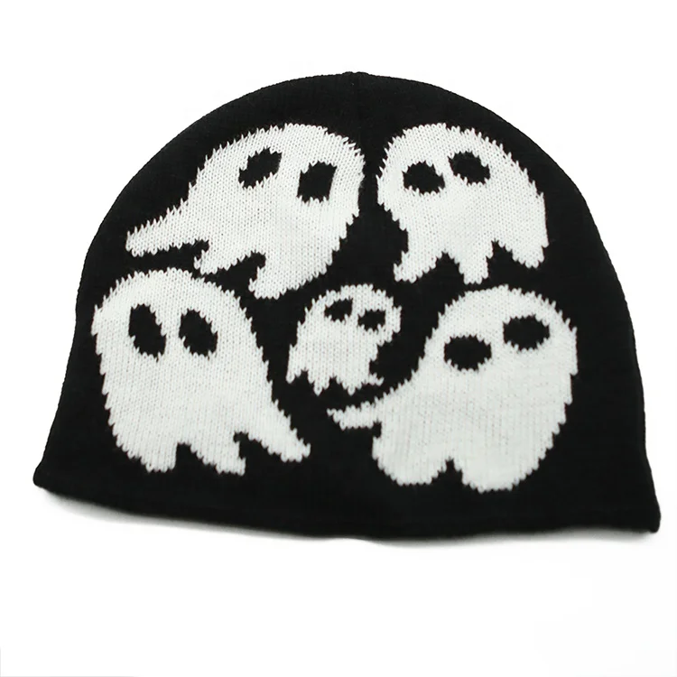 Unisex Halloween Skull Ghost Jacquard Knit Hat Beanie Winter Slouchy Toque Warmth Festive Party Caps Adults Kids Winter Gift