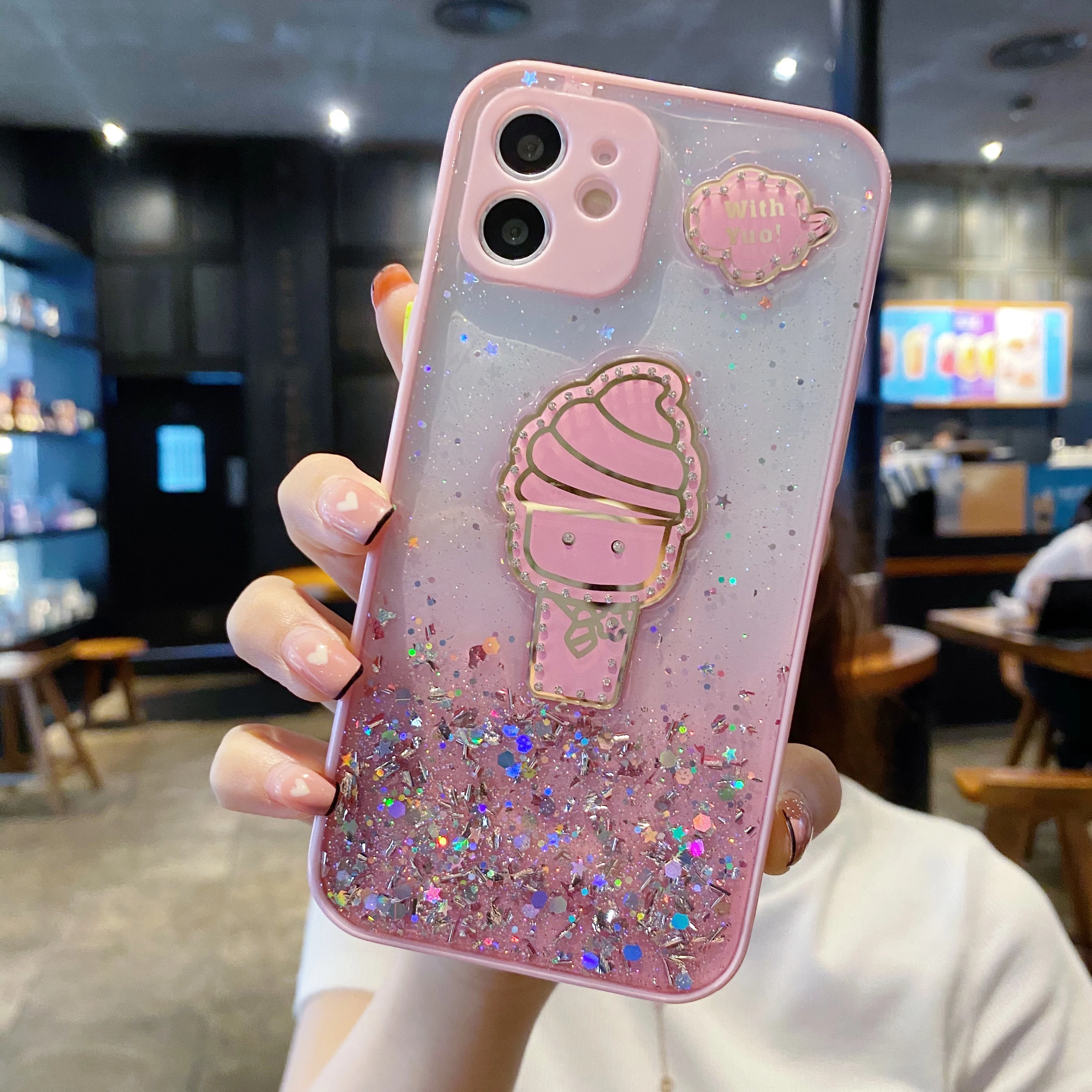 Fashion Shiny transparent shockproof Camera Protection mobile phone case lovely Cone Pattern cute phone case for iphone 13 cover