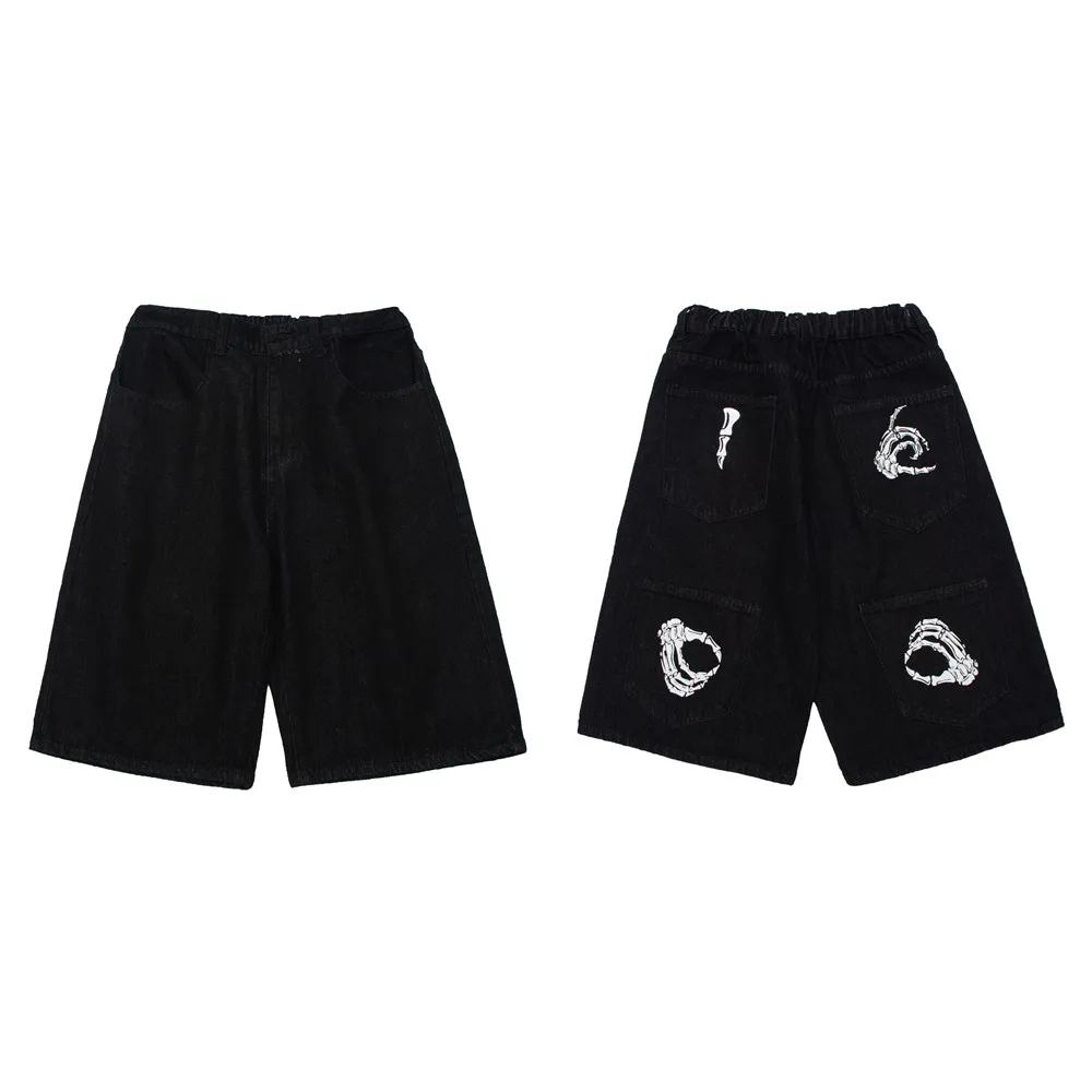 Custom Mens Summer High Street Loose Skeleton Print Multi-Pocket Denim Shorts Knee-Length Elastic Waist printing Shorts