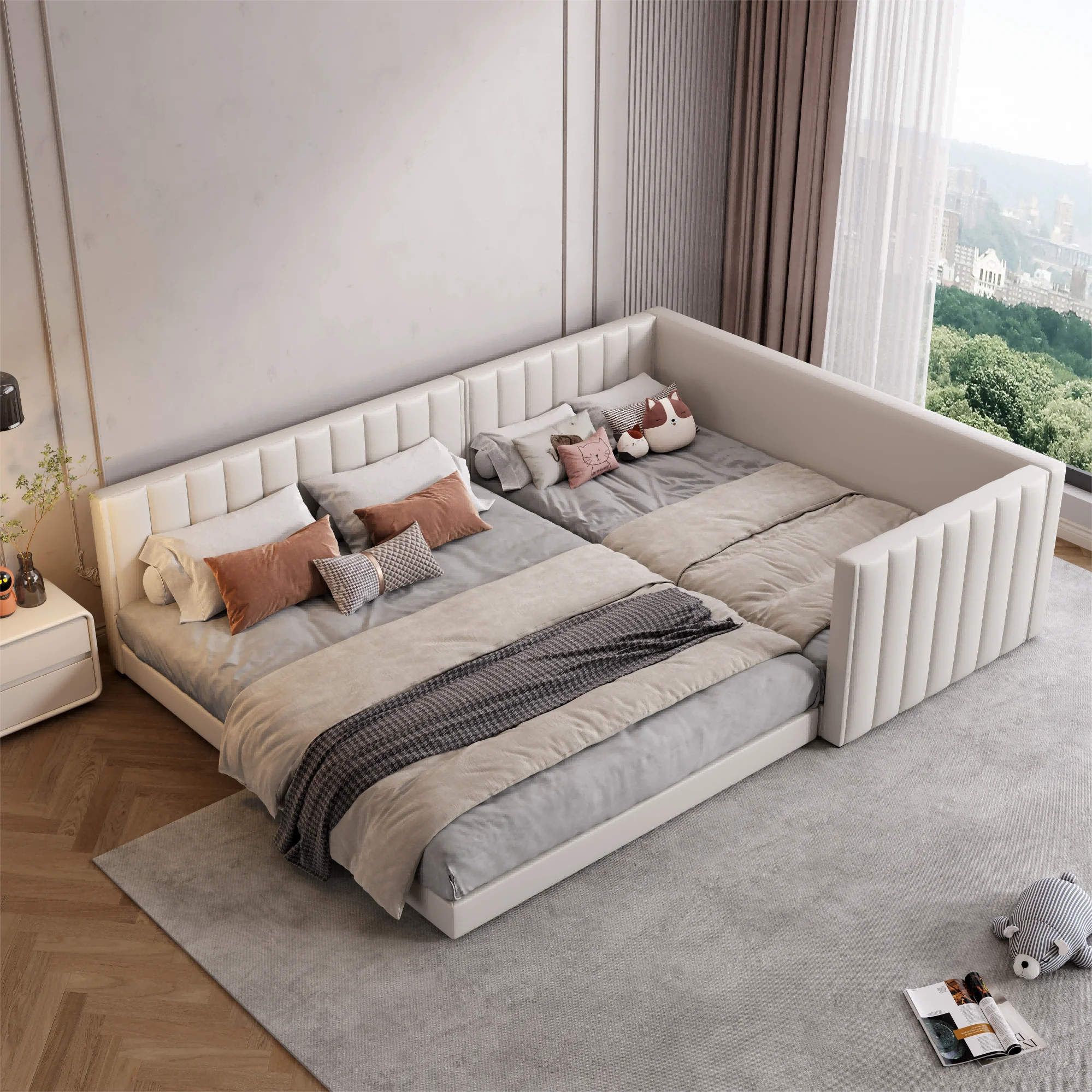 Genuine Leather Up-holstered Beds Customized King Size Adults Double Bed Frame Children Full Stitching Bedding Set