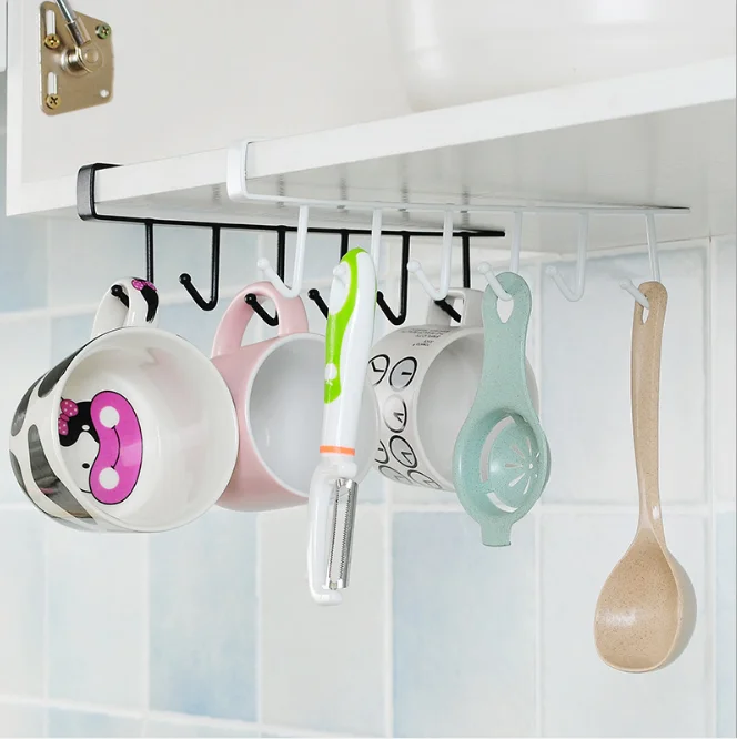 Single-Tier Multifunctional Metal under Cabinet Hanger Coffee Tea Mug Cup Rack Holder with Hook Installation Type