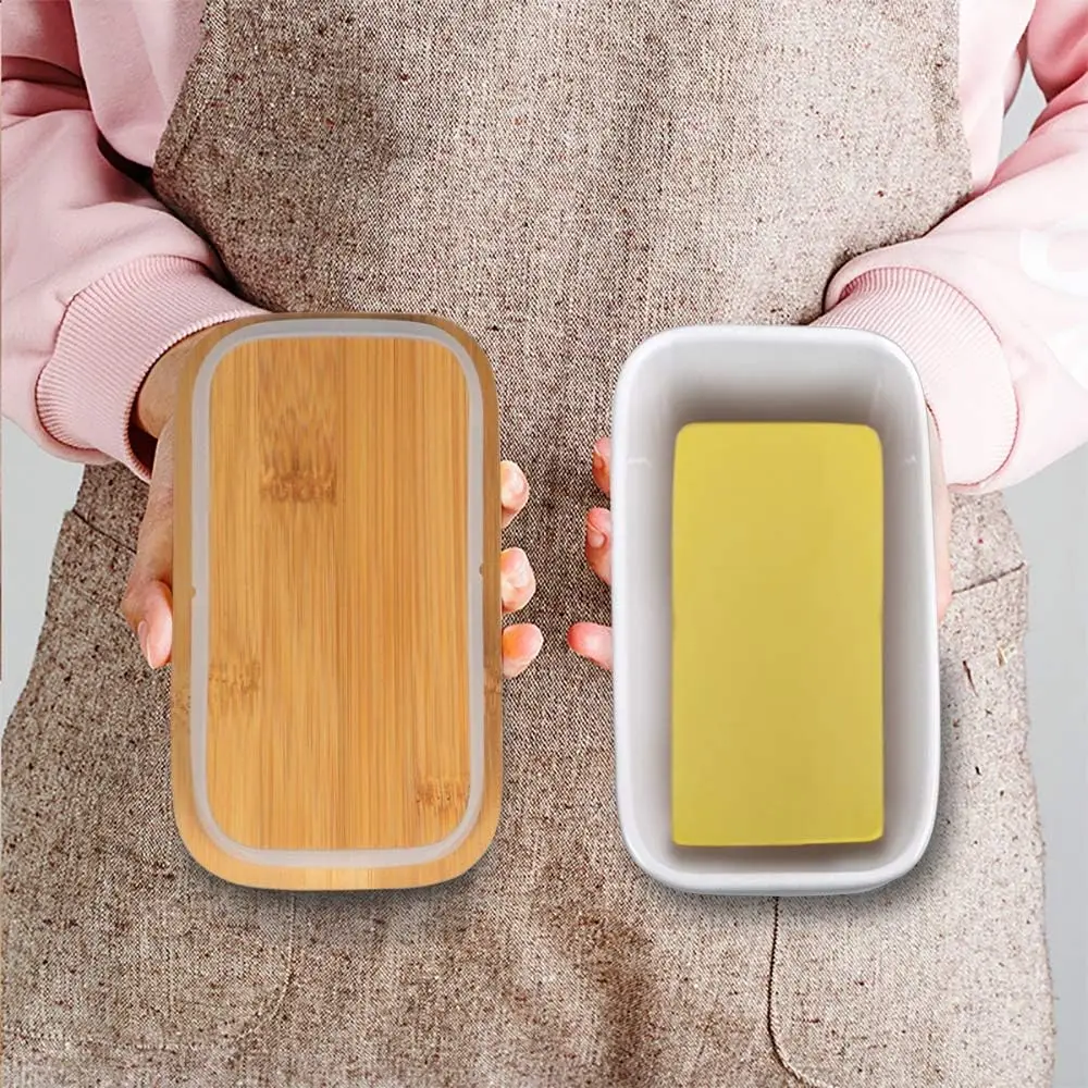 Hot Sale Large Ceramic Countertop Butter Container Ceramics with Wood Lid Kitchen-Friendly Butter Keeper Tray  for Food Storage