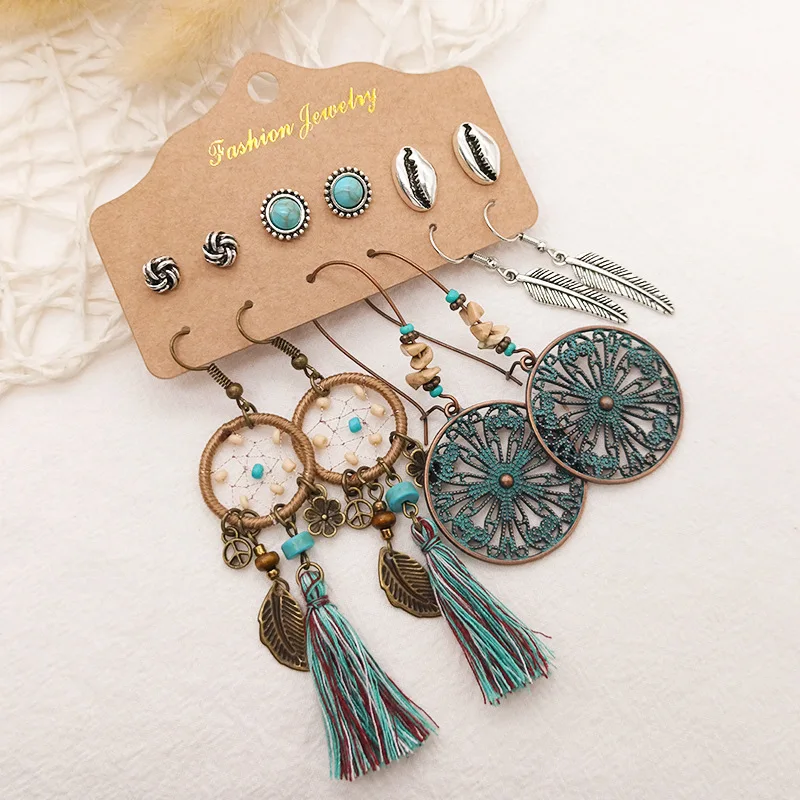 6pair/card Vintage Antique Silver Plated Heart Moon Stud Palm Leaf Starfish Beach Shell Pendant Women Boho Earring Set Jewelry