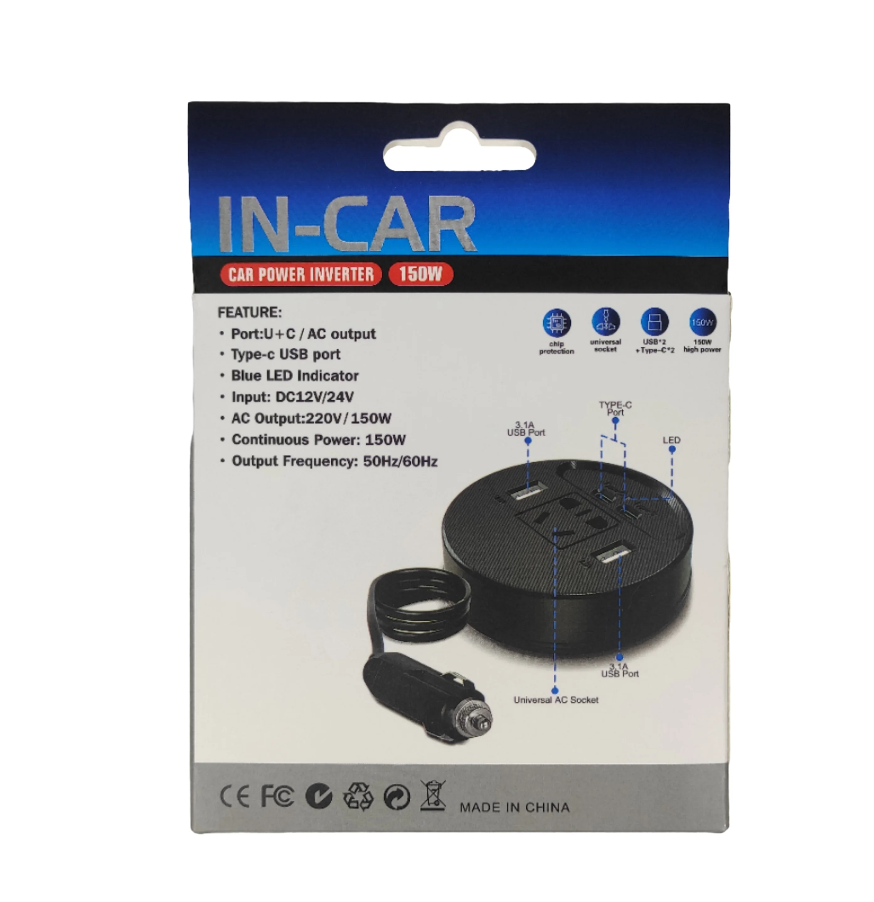 New Style Dual Voltage Car Inverter DC 12V/24V to AC 220VC Mirco Inverter 2USB 2 Type-c 1 Socket Car Cigarette