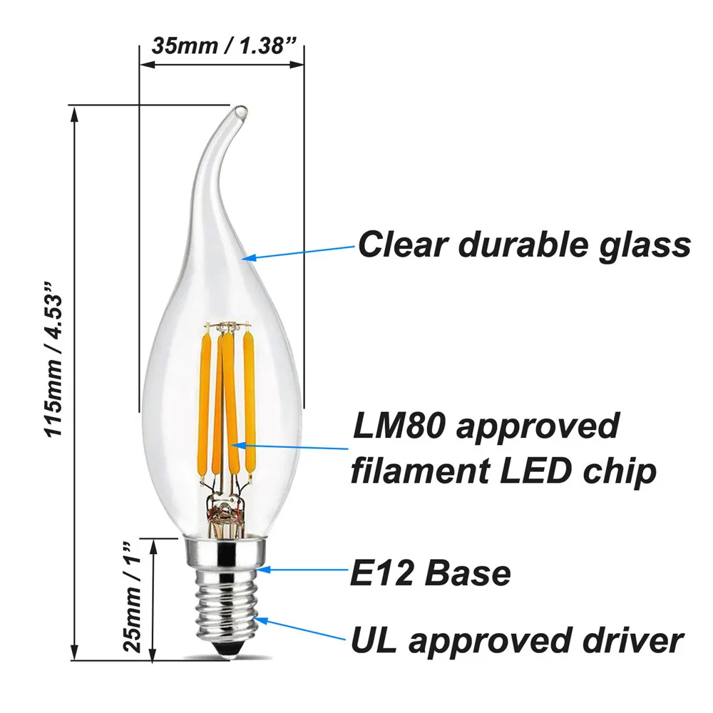 
E12/E14 AC 110V 120V 60Hz Dimmable LED Edison Filament Candle Light Bulb 2W 4W 6W Replace 20w 40w 60W Incandescent Lamp Lighting 
