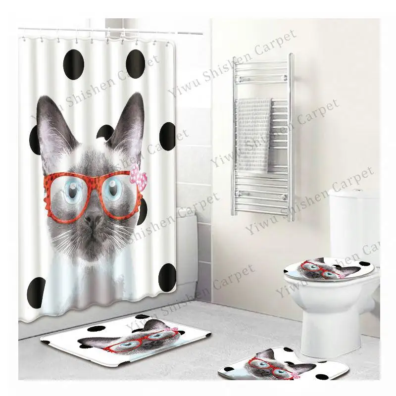 Amazon Hot Sell new supplier Xmas bathroom foot mats toilet set bathroom rug waterproof polyester cat dog shower curtain
