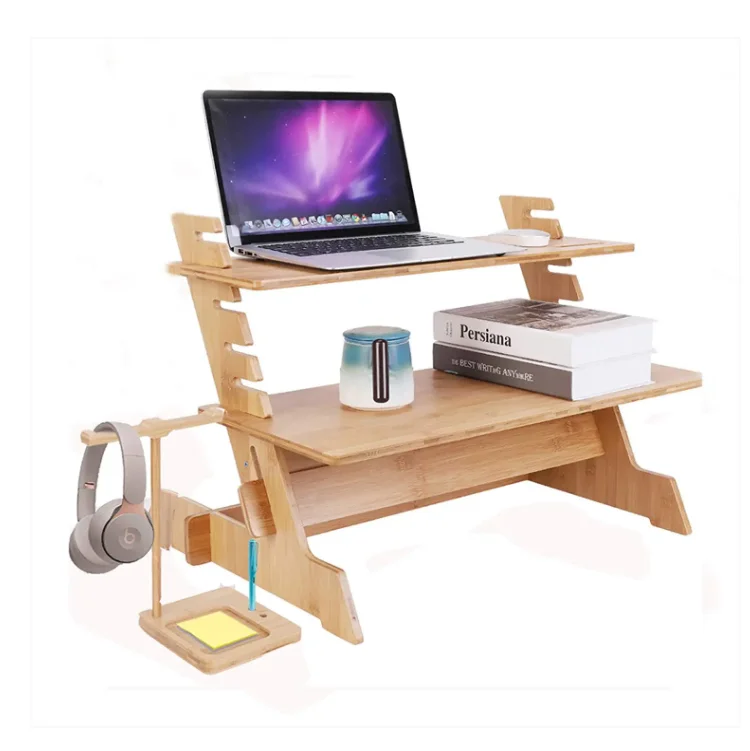 eco friendly  bamboo standing monitor stand desk convertor riser for monitor