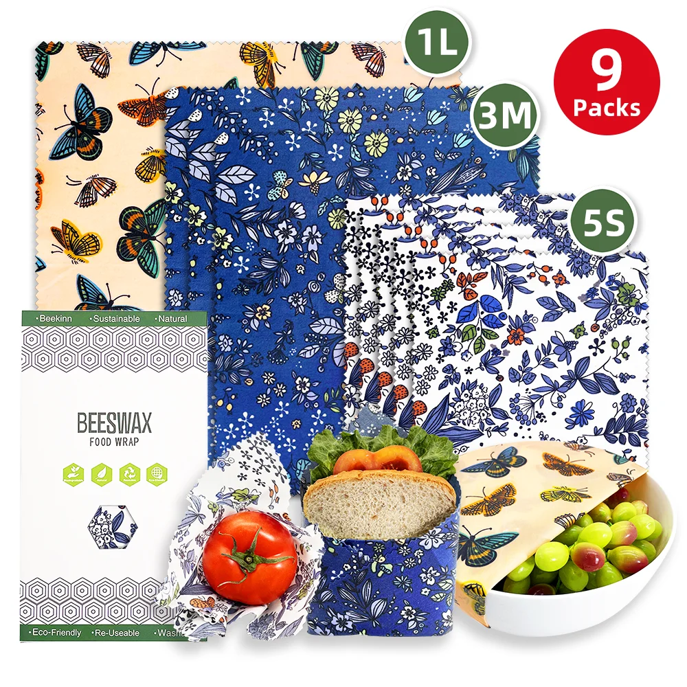 9Pcs Substitute Reusable Ideal Zero Waste Plastic Free Storage Sandwich Bags Covering Dishes Beeswax Food Bee Wrap