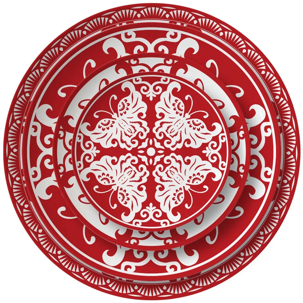 Chinese traditional papercutting art design red butterfly image printing dinnerware set