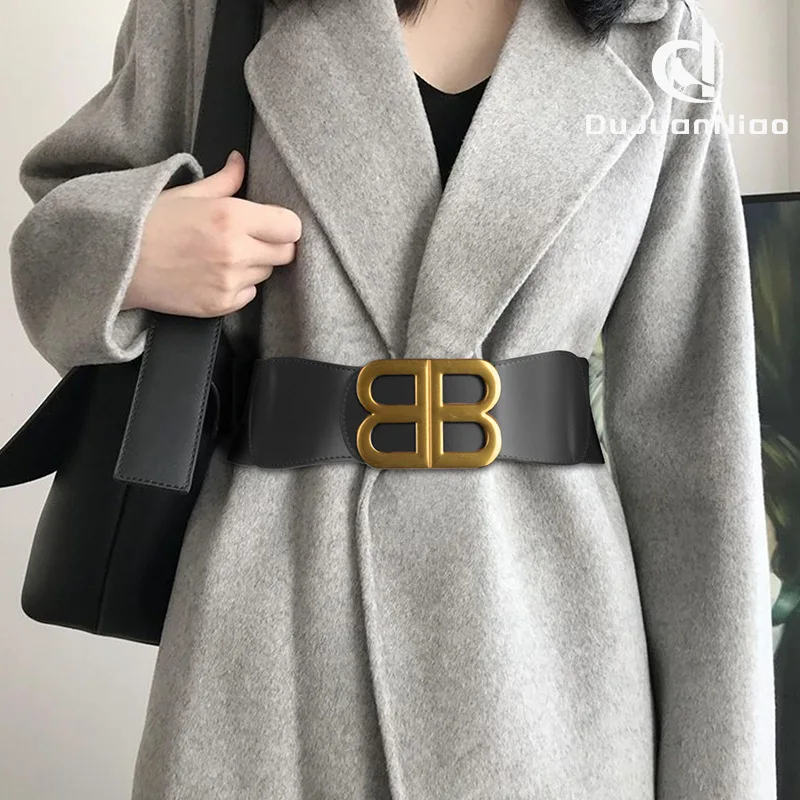 Новый дизайн BB логотип Пряжка Широкий эластичный пояс из натуральной кожи ремень
