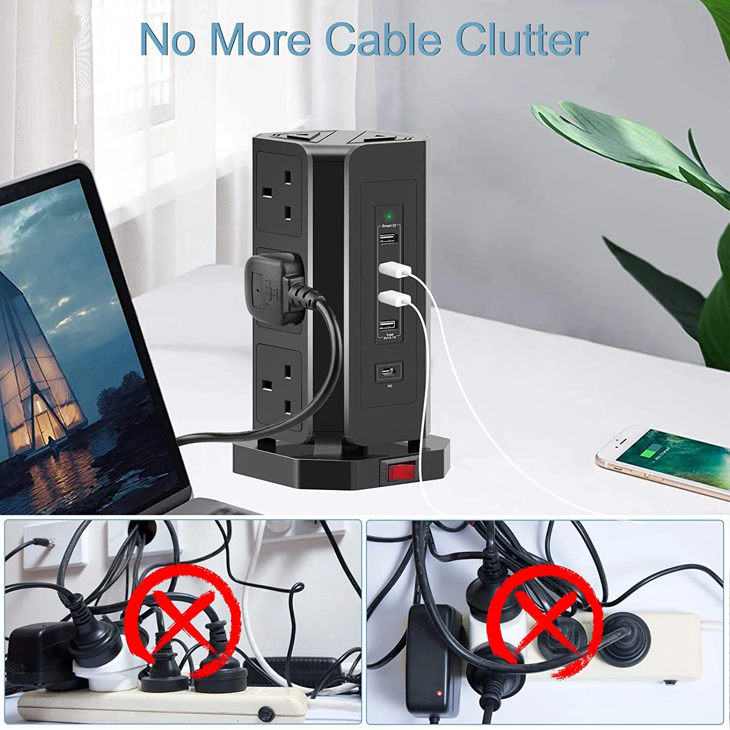 220V 13 Amp CE Vertical Power Plug and Tower Shape Extension Socket USB Outlet UK with USB -A USB-C charging socket