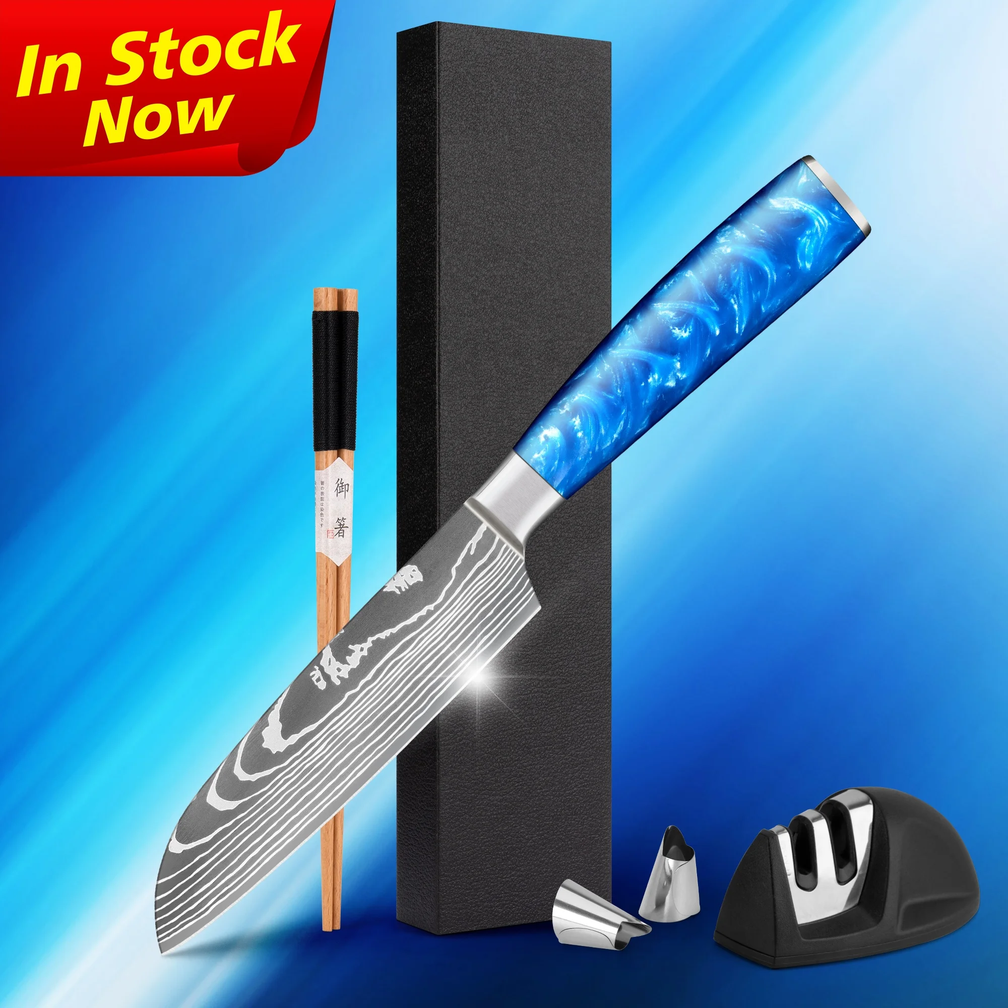 Free Shipping 5 inch Damascus steak knives mini Santoku knife steak for restaurant Sapphire blue resin handle