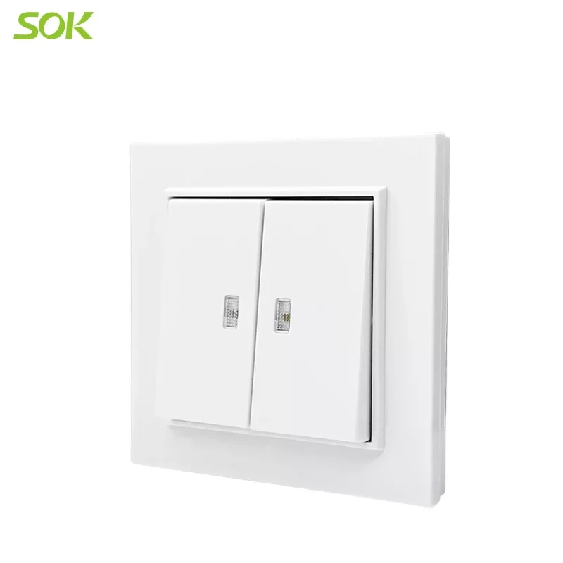2 gang Single Way Light Switch with LED Indicator Hanger white pc wall switches