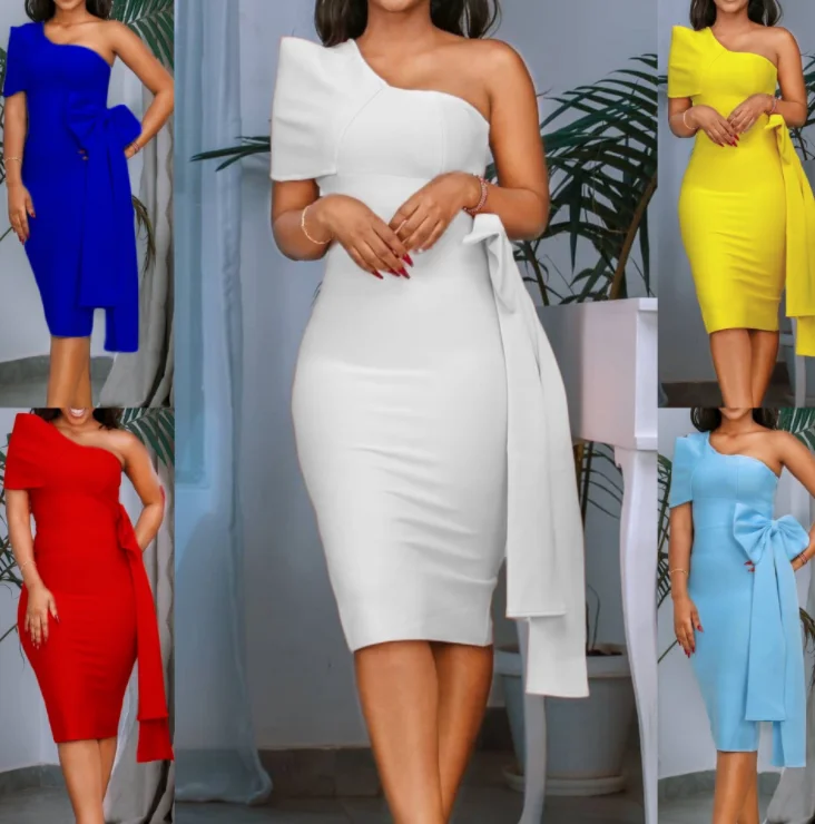 Liu Ming Fashion Women Elegant Solid Color One Shoulder Night Party Ladies Dress